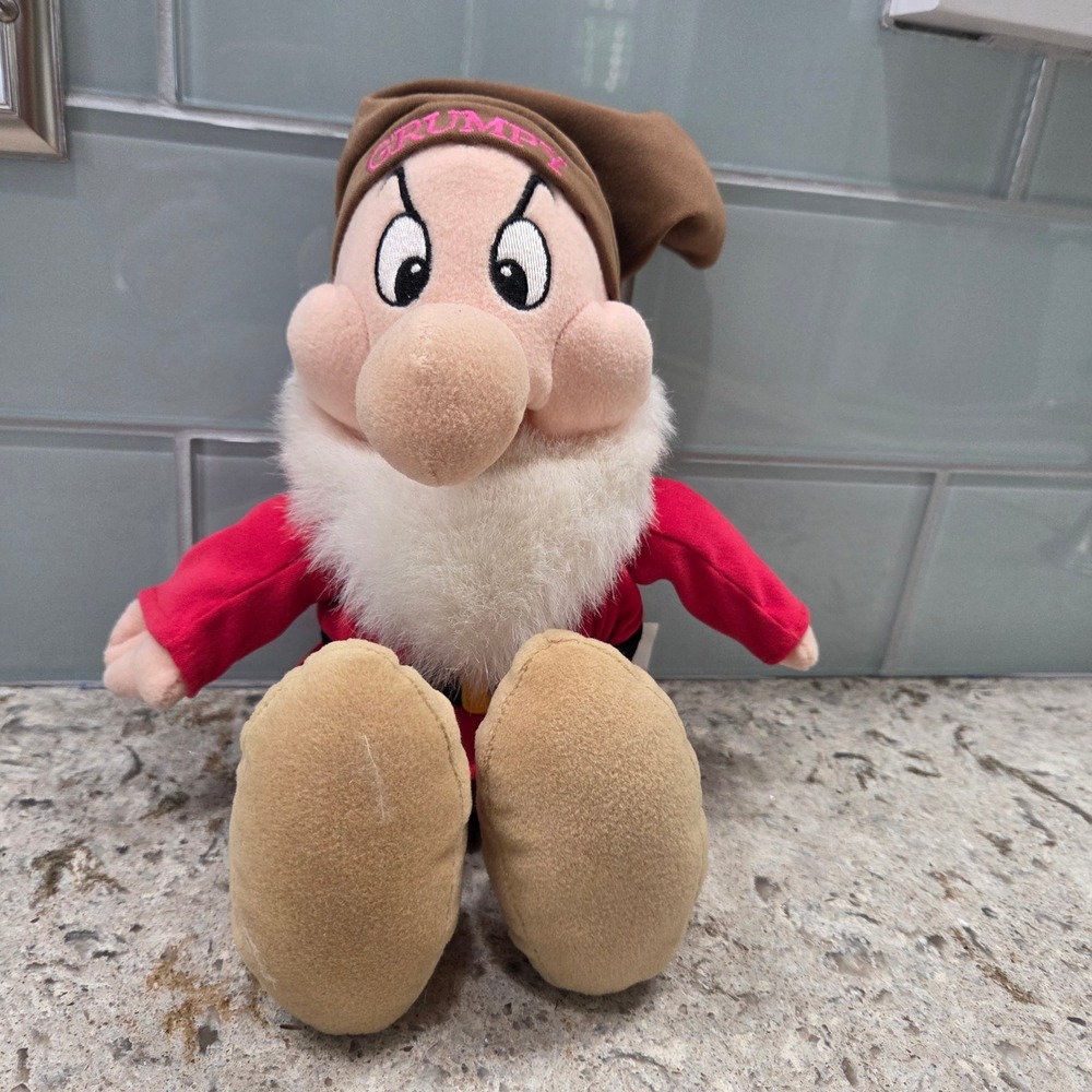 Disney Grumpy Dwarf Plush Toy Red Jacket Brown Hat "Grumpy" Embroidered